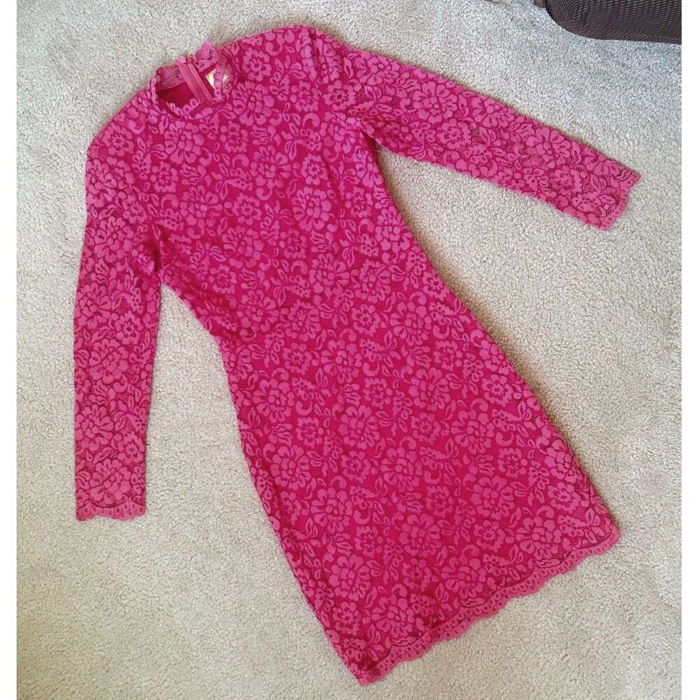 H&M Gold Label Hot Pink Lace Mock Neck Long Sleeve Mini Bodycon Cocktail Dress